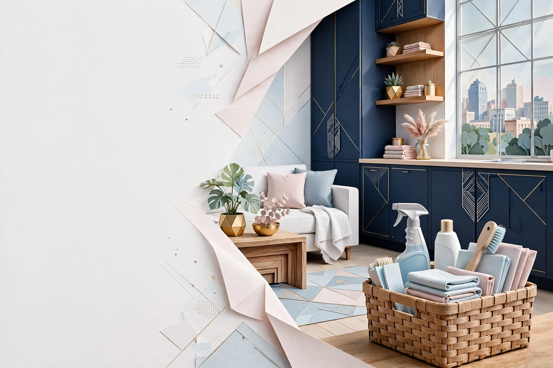 Illustrated modern living room with a neatly arranged cleaning caddy